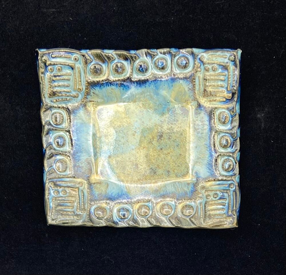 Handmade Pottery Ring Dish Blue & Tan Glaze Rectangular Trinket Textured Signed